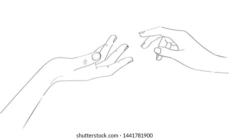 Flat vector illustration - touch the hand, on white background for wedding design and decoration, Valentine`s Day cards, greetings, party invitations, posters, flyers, banners, prints, web.