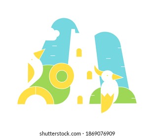 flat vector illustration of a tower with birds, icon of a lighthouse tower with Windows abstract figures and birds