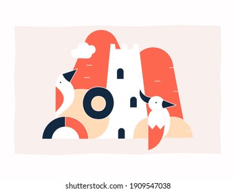 flat vector illustration of a tower with birds, a lighthouse tower icon with windows, abstract figures and birds