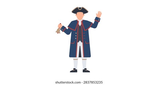 A flat vector illustration of a town crier wearing a traditional colonial uniform and hat, holding a hand bell and waving.