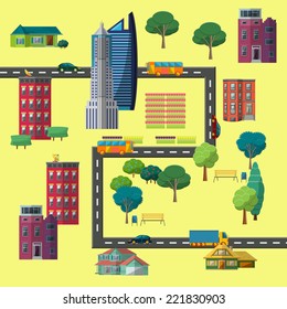 Flat Vector Illustration of Town Design, Website, Background, Digital, Banner. City, Park, Car element Isolated for your Pattern or Map Texture. Template metropolis.