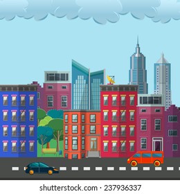 Flat Vector Illustration of Town Design, Website, Background, Digital, Banner. City, Park, Car element Isolated for you Pattern or Map Texture. Template metropolis.