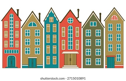 Flat vector illustration of townhouse facades on a white background. Clean geometric style suitable for real estate concepts, urban design, posters.