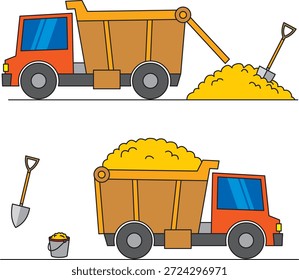 Ilustración vectorial plana de un camión de construcción de juguetes que transporta y arroja arena, con una pala y un cubo. Perfecto para el material educativo de los niños o temas de construcción.