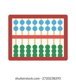 Ilustración vectorial plana de un ábaco tradicional con un marco rectangular de color marrón rojizo, ocho varillas de color amarillo Vertical y cuentas de recuento en azul celeste (sección superior) y verde bosque (sección inferior). El divisor Horizontal separa las dos secciones, y todas las cuentas están perfectamente alineadas, representando un estado organizado o "a cero". Ideal para gráficos educativos, matemáticos o con temas de cálculo.