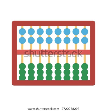 Flat vector illustration of a traditional abacus with a reddish-brown rectangular frame, eight vertical yellow rods, and counting beads in sky-blue (upper section) and forest-green (lower section). The horizontal divider separates the two sections, and all beads are neatly aligned, representing an organized or "zeroed" state. Ideal for educational, mathematical, or calculation-themed graphics.