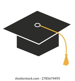 A flat vector illustration of a traditional academic graduation cap featuring a simple black square mortarboard and a yellow dangling tassel.