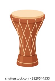 Flat vector illustration of a traditional African djembe drum with wooden body and natural drumhead, isolated on white background.