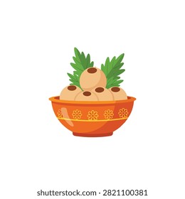 Flat vector illustration of traditional Asian sweet potato dumplings served in a decorative bowl