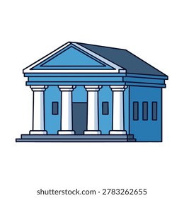 A flat vector illustration of a traditional bank or government building with pillars and a triangular roof in a blue color scheme.