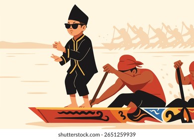 Flat Vector Illustration of Traditional Child Dancer on Pacu Jalur Boat