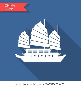 Flat vector illustration of a traditional Chinese junk ship with battened sails. Minimalist silhouette with long shadow. Perfect for projects about Asia, travel, history, culture, and maritime themes.