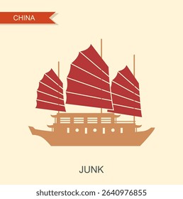 Flat vector illustration of traditional Chinese junk ship with red sails