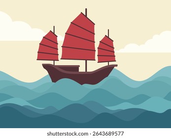 Flat vector illustration of a traditional Chinese treasure ship with red sails on the sea. Inspired by Zheng He’s historical voyages