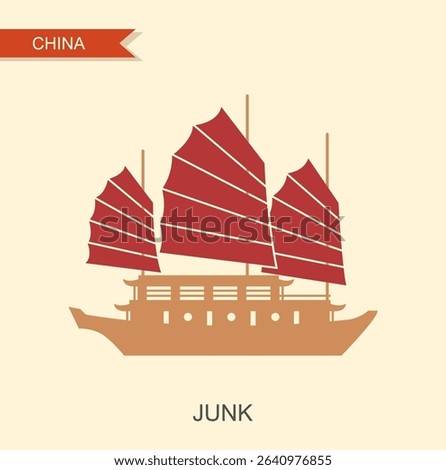 Flat vector illustration of traditional Chinese junk ship with red sails