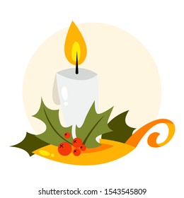 Flat vector illustration of traditional Christmas golden lamp with burning candle and mistletoe. Classic holiday decoration.