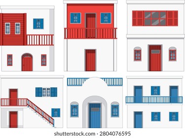 Flat vector illustration of traditional coastal buildings with colorful shutters, balconies, and wooden doors.