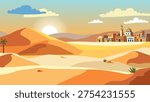 Flat vector illustration of a traditional desert village with sand dunes and a large sun at sunset.