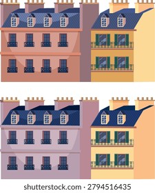 Flat vector illustration of traditional French architecture with mansard roofs, chimneys, and wrought iron balconies
