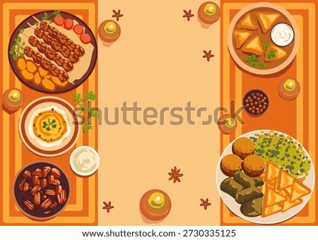Flat vector illustration of traditional iftar food served during Ramadan, featuring Middle Eastern dishes such as kebabs, samosas, dates, falafel, hummus, and candles. Top view composition with warm colors and large copy space in the center, suitable for Ramadan banners, social media, posters, menus, and festive backgrounds.