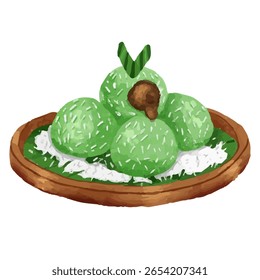 Ilustração vetorial plana de sobremesa indonésia tradicional "kelepon" — bolas de arroz verde com recheio de açúcar de palma e flocos de coco. Perfeito para temas de comida cultural e projetos de cozinha local.