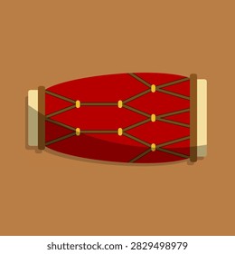 Flat vector illustration of a traditional Indonesian Kendang drum. A cultural gamelan musical instrument from Java and Bali isolated on brown background.