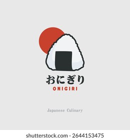 A flat vector illustration of a traditional Japanese onigiri rice ball with seaweed, featuring a red sun symbol behind it. Clean design, culinary asian food themes. (translate: delicious)