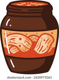 Flat vector illustration of traditional Korean kimchi jar (onggi) with bold colors and visible kimchi. Simple, round design with thick outlines on clean white background. Food or UI themed.