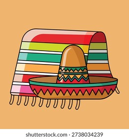 Flat vector illustration of traditional Mexican sombrero hat with colorful woven blanket. Simple decorative icon inspired by Mexican culture, perfect for travel, tourism, cultural posters, and festival designs.