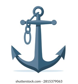 A flat vector illustration of a traditional navy blue metal ship anchor with a small section of heavy chain attached to the ring.