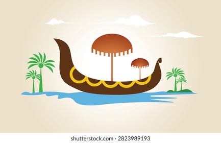 Flat vector illustration of a traditional Onam snake boat sailing on water with coconut trees and festive parasols. Perfect for Onam festival greetings, Kerala cultural celebrations, travel promotions, website banners, social media posts, posters, invitations, and educational materials.
