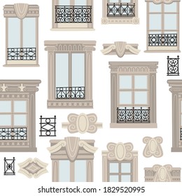 Flat vector illustration with traditional Paris window. Seamless pattern. Postcard from France. Architecture elements clipart. Background with french facade.