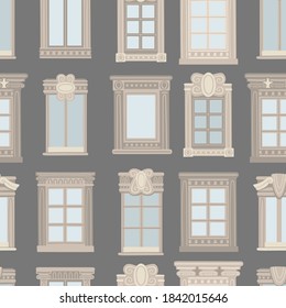 Flat vector illustration with traditional Paris window. Seamless pattern. Postcard from France. Architecture elements clipart. Background with french facade.