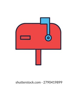 A flat vector illustration of a traditional post box featuring a red container and a bright blue alert flag standing on a post against a plain white background