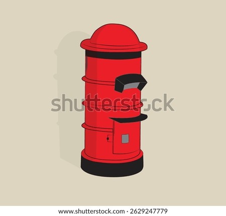 A flat vector illustration of a traditional red cylindrical post box with a curved top and shadow cast on a beige background. Clean minimal design ideal for postal service themes, vintage elements