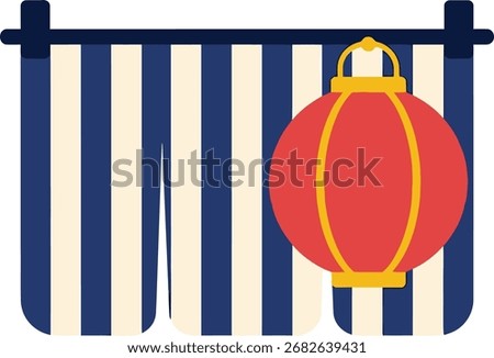 A flat vector illustration of a traditional red Japanese paper lantern hanging next to a blue and white striped noren curtain isolated on a white background.