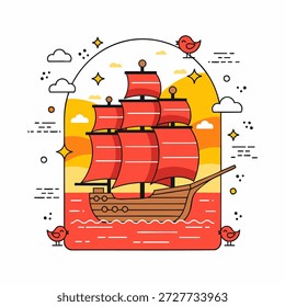 Ilustración vectorial plana de un velero tradicional con velas rojas