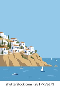 Flat vector illustration of a traditional white Mediterranean village on a cliff overlooking a calm blue sea with sailboats and clear sky.