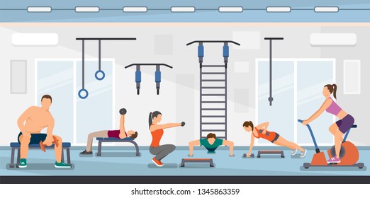 Flat Vector Illustration Training Fitness Club. Young Men and Women Go in for Athletics in Gym. Support Beautiful Body in Good Shape with Help Sports Equipment and Best Simulators.