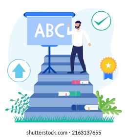 Flat vector illustration of training teachers for education system improvement. Advancing the quality of teachers and increasing knowledge of educational concepts.