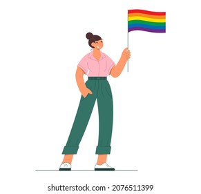Ilustración vectorial plana. Una persona transgénero sostiene una bandera arcoíris en una manifestación callejera en apoyo de los derechos LGBT.