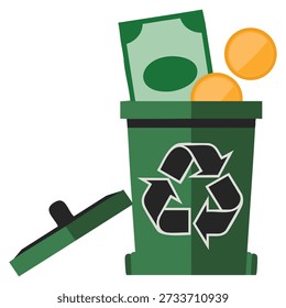 Flat vector illustration of trash can filled with discarded money representing collapse of the dollar financial crisis currency loss and economic instability concept