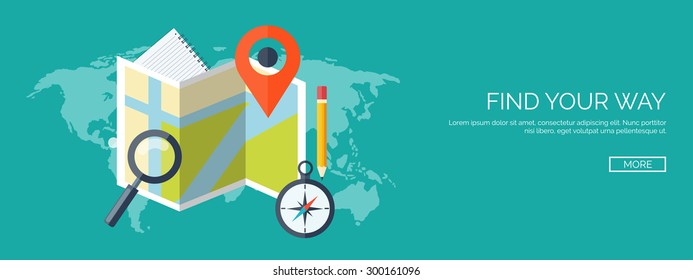 Flat vector illustration. Travel background. Map, earth. Navigation. Search your way. Loupe.