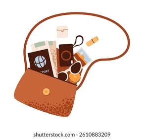 Flat vector illustration of travel essentials, passport, bag, and camera. Travel, journey, and vacation concept.