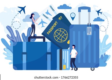 Flat vector illustration of travel prepare, baggage, suitcase, passport, flight ticket. Concept of planning vacation, travel, summer holiday, tourism, flight booking.v