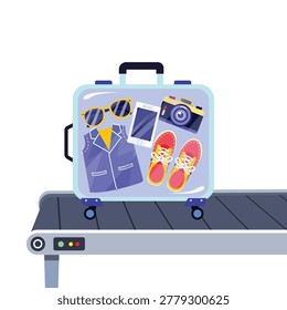Flat vector illustration of travel suitcase on airport conveyor belt with vacation essential