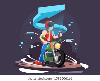 flat vector illustration of travelling with motorcycle, navigation, online transportation, trip on holiday  or comeback from trip. 