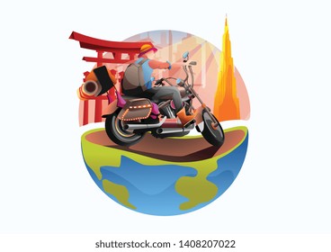 flat vector illustration of travelling with motorcycle, navigation, online transportation, trip on holiday  or comeback from trip. 