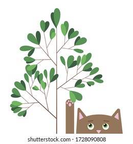 Flat vector illustration of a tree and a cat raising his paw up to a branch.