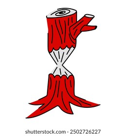 A flat vector illustration of a tree gnawed by a beaver in red. The tree is depicted with characteristic traces of beaver teeth, made in the form of a red spot like bark, white inside